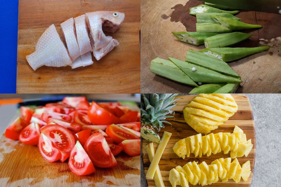 Các thành phần chính của canh chua cá diêu hồng.