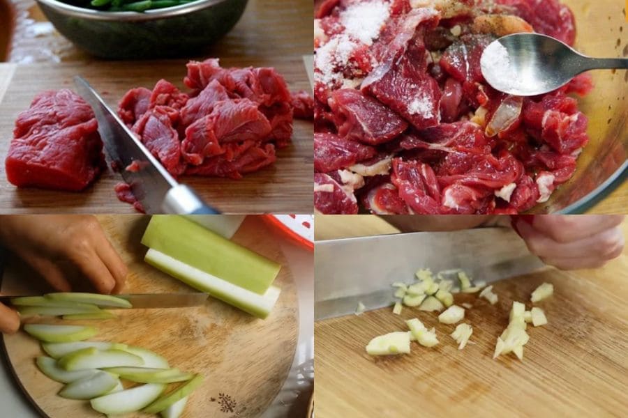 Sơ chế các nguyên liệu của món bầu xào thịt bò.